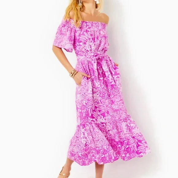 NWT LILLY PULITZER ISBELL OFF-THE-SHOULDER DRESS LINEN Retail $228 NWT - Picture 2 of 5